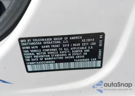 2013 Volkswagen Passat 2.5L Se from USA, damaged, VIN 1VWBP7A3XDC098686